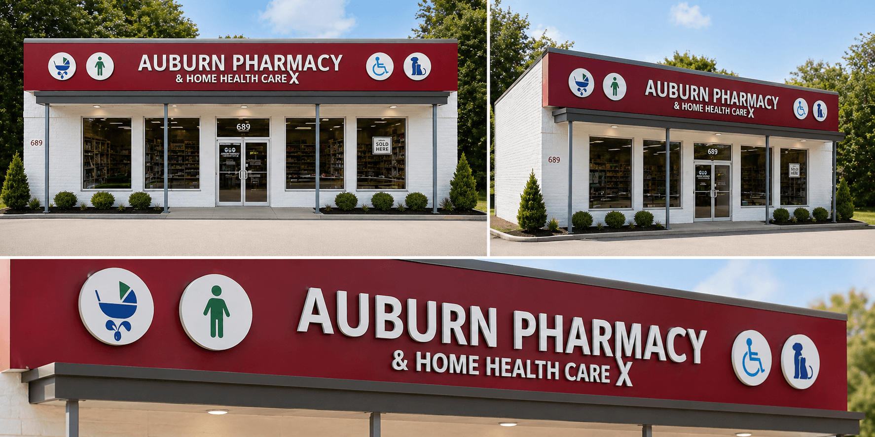 Auburn Pharmacy storefront — three angles
