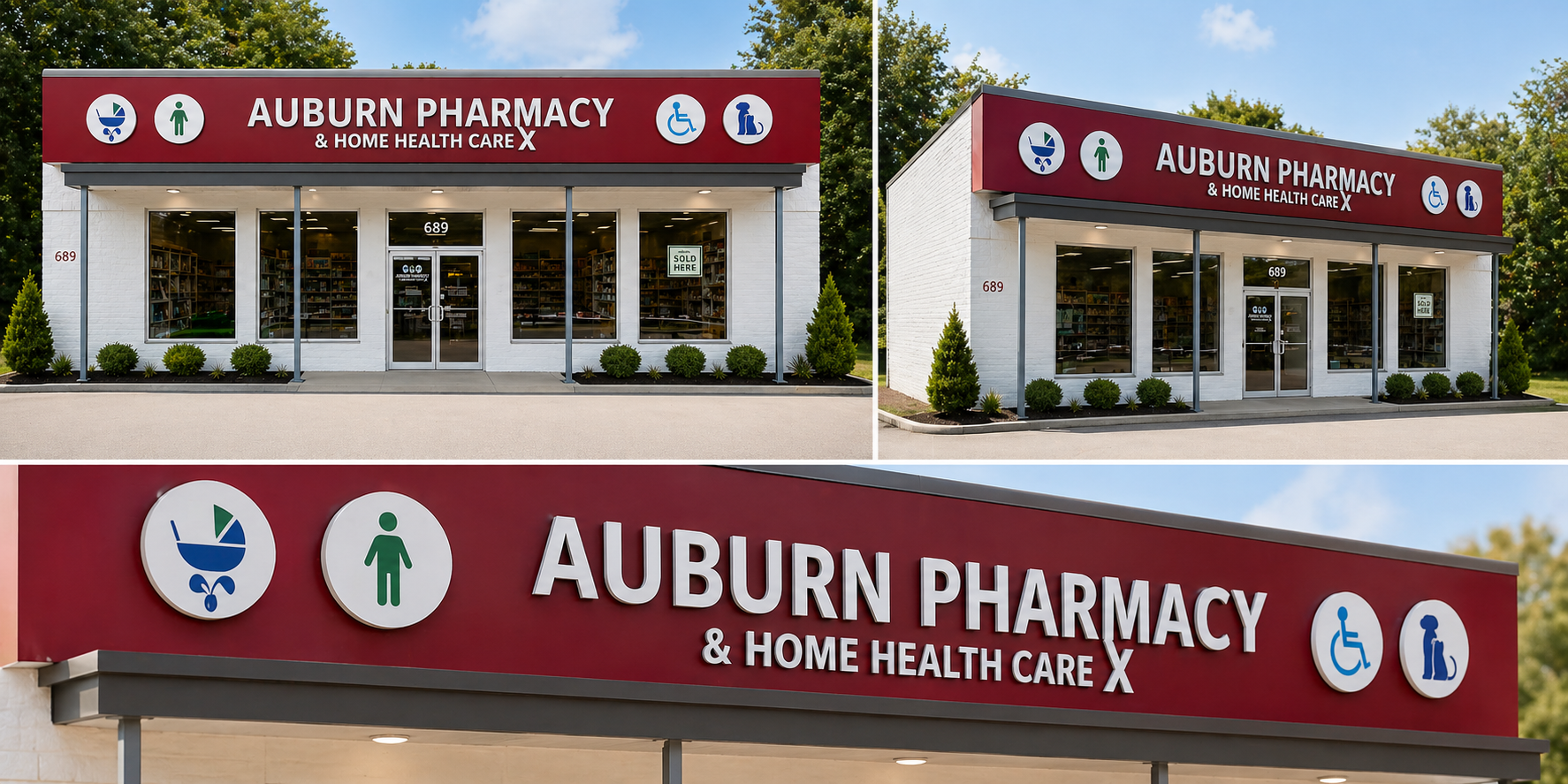 Auburn Pharmacy storefront — three angles